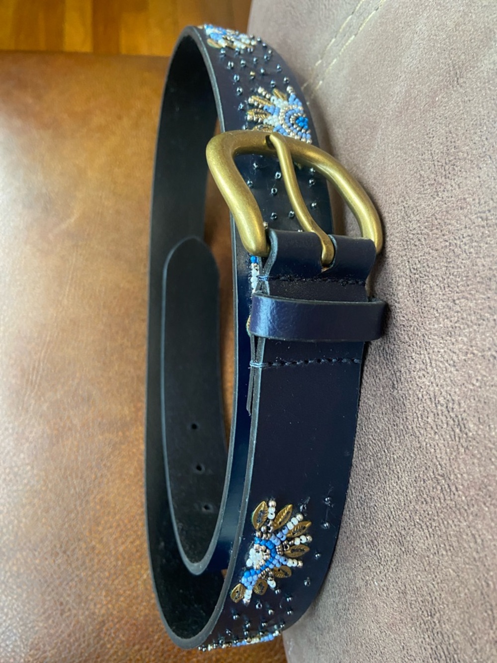 Lucky Brand Navy Embellished Leather Belt with Brass Buckle